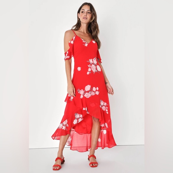 Lulus Dresses & Skirts - NEW Lulus Love in Bloom Red Floral Print Off-the-Shoulder High-Low Dress Small